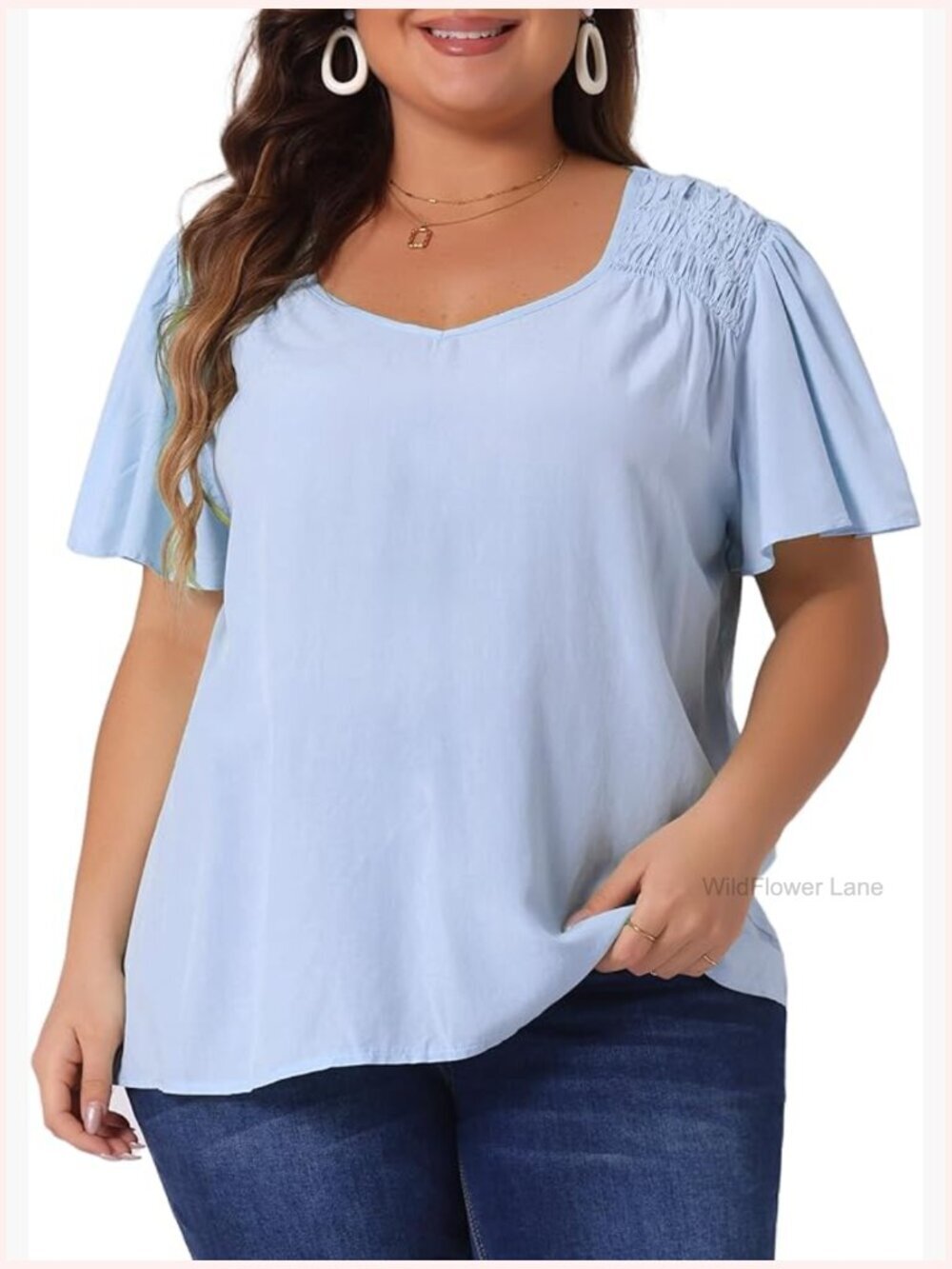Plus Size V Neck Ruffle Sleeve Smocked Shoulder Chiffon Blouse